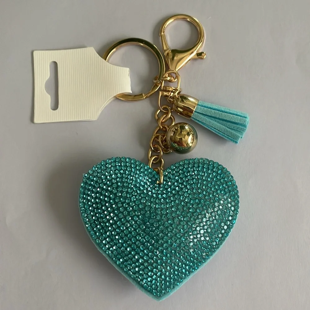 Blue Heart Rhinestone Keychain-Purse Charm Gold Ball-Blue Tassel New